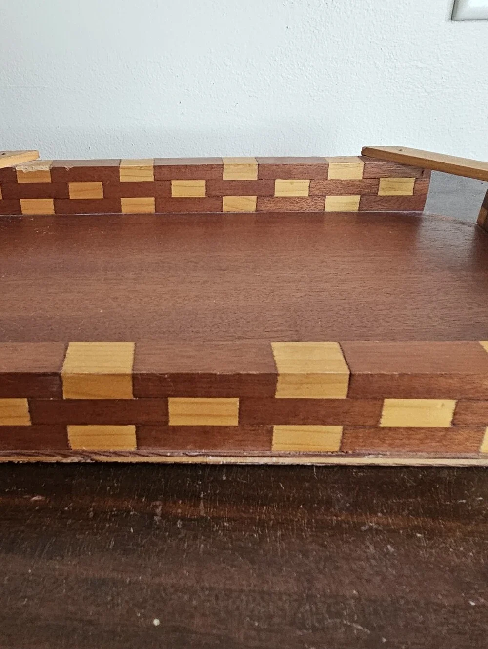 Vintage Handmade Mixed Wood Serving Tray Brick Pattern Parquet Rim MCM